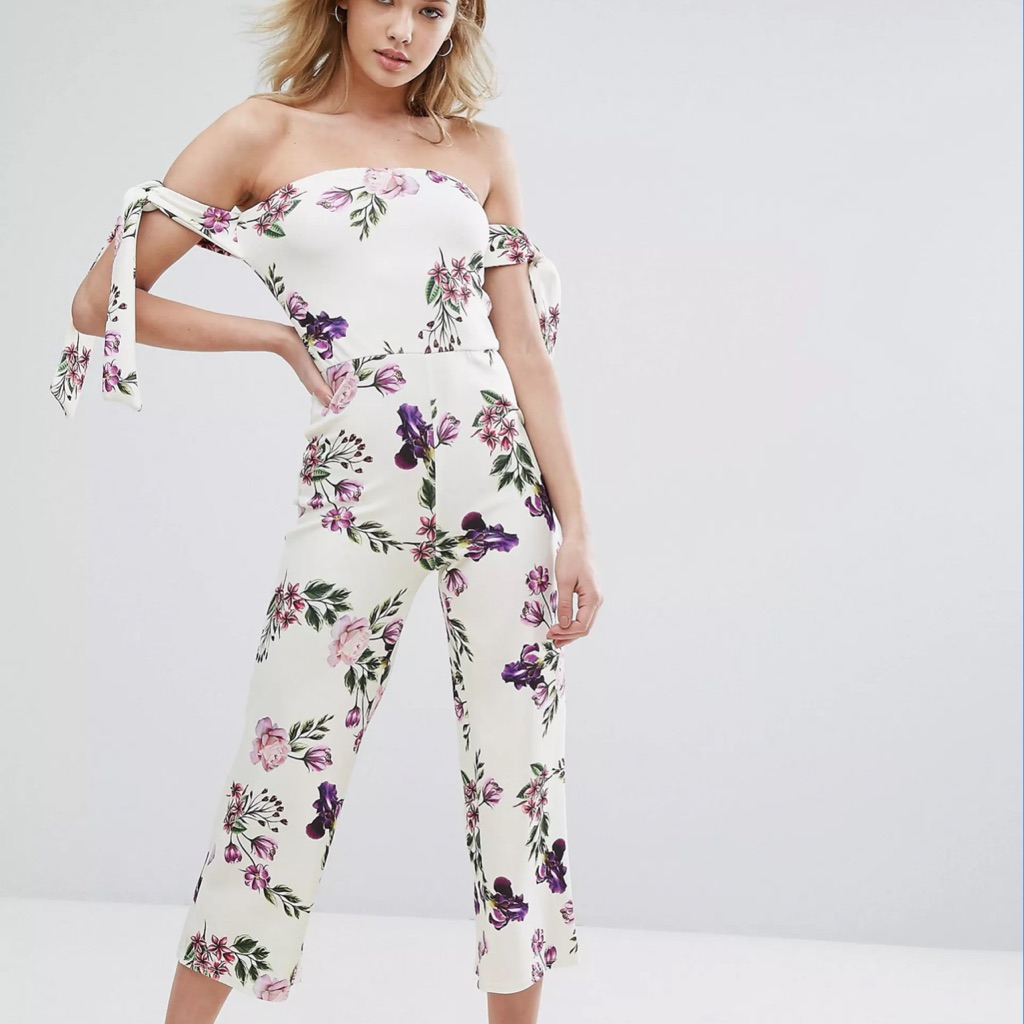 Asos Oh My Love White Cream Rose Garden Print Jumpsuit Bardot With Tie Sleeves